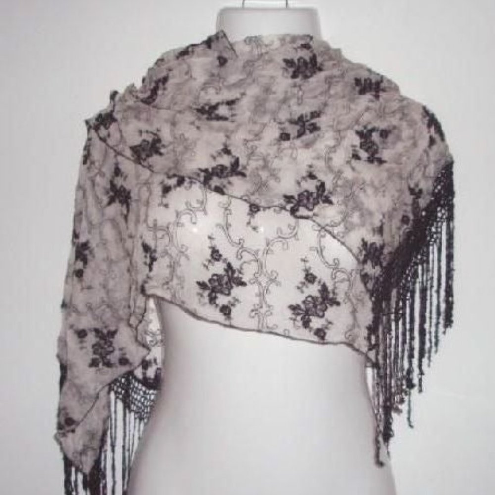 Sue Wong Black/Ivory Shawl Scarf Wrap NWT
